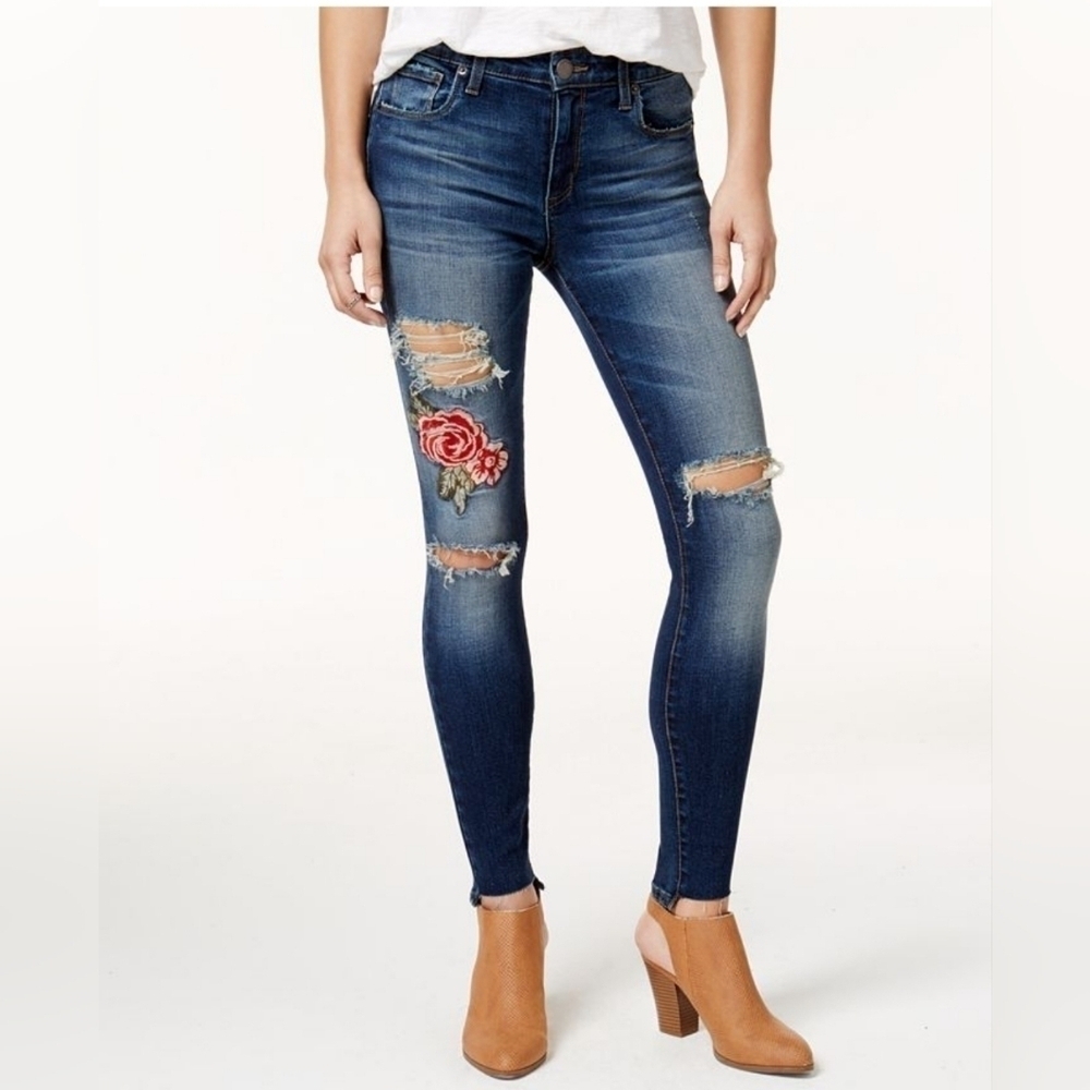 STS BLUE 27 Emma Ankle Skinny medium blue wash distressed jeans with red floral